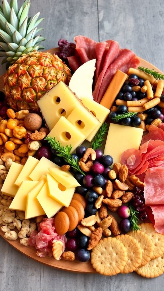Festive Pineapple Charcuterie Board Recipe A festive charcuterie board with pineapple, cheeses, meats, nuts, and fruits, garnished with herbs.